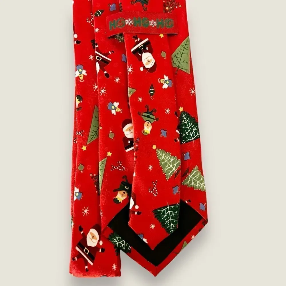 Ho Ho Ho Novelty Christmas Santa Elf Angel Tree Necktie, Red-Multi